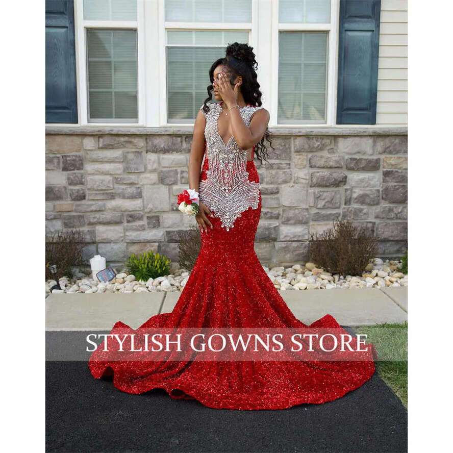 Sheer Neck Red O Long Prom Dress For Black Girls Beaded Crystal Rhie Birthday Party Gowns Sequined Evening Dresses Robe De 0627 es