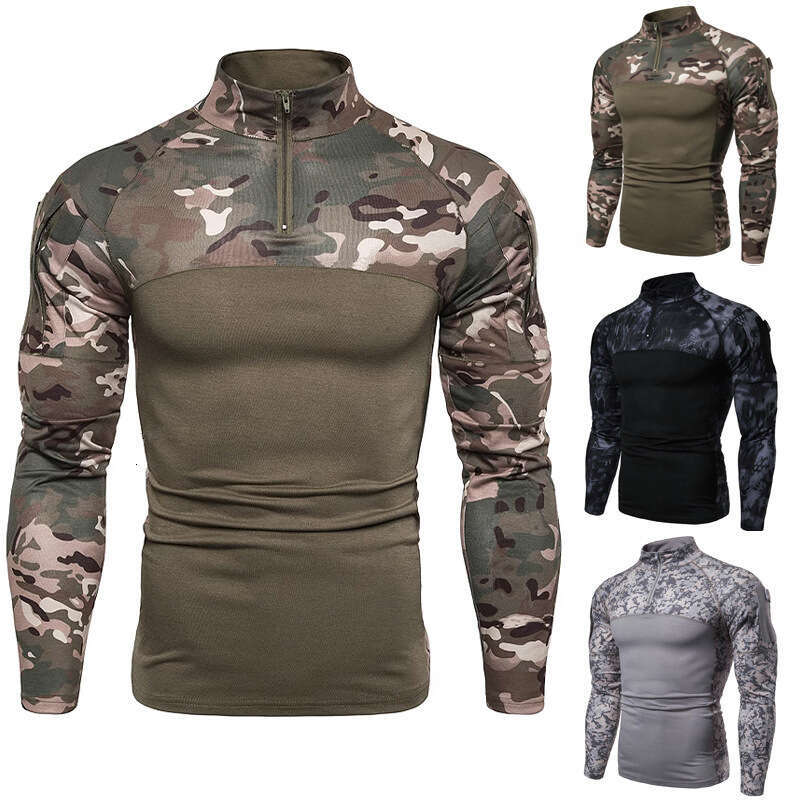 2025 Military Battlefield Outdoor Elastic Fitness Camo Long sleeved T-shirt Zipper Pocket Men's Clothing
