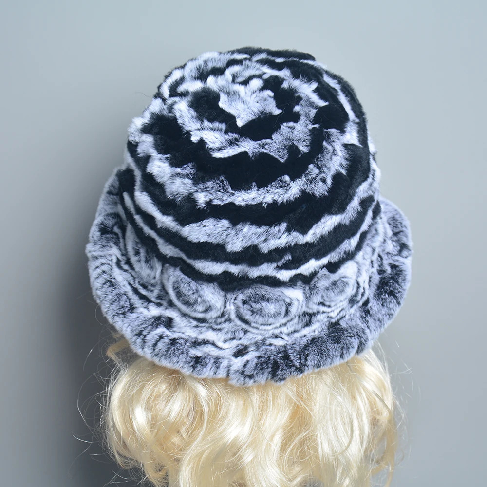 Female Natural Knitted Real Rex Rabbit Fur Cap Winter Warm Genuine Fur Beanies Hats Russian Women Floral Striped Real Fur Caps 241009