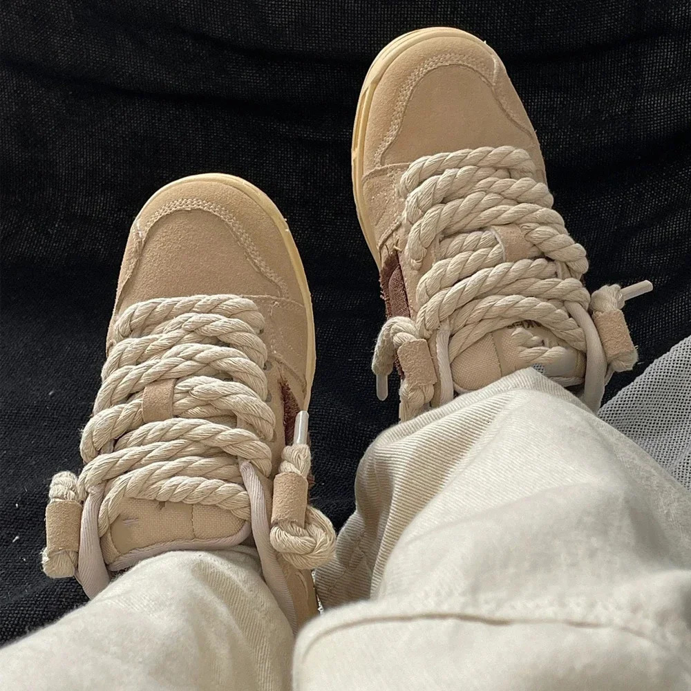 2pcs Bold Cotton Linen Twist Weave Shoelaces Wood Rope Laces 120140160CM Men Women Trend Personality Sport Casual Shoes 241016