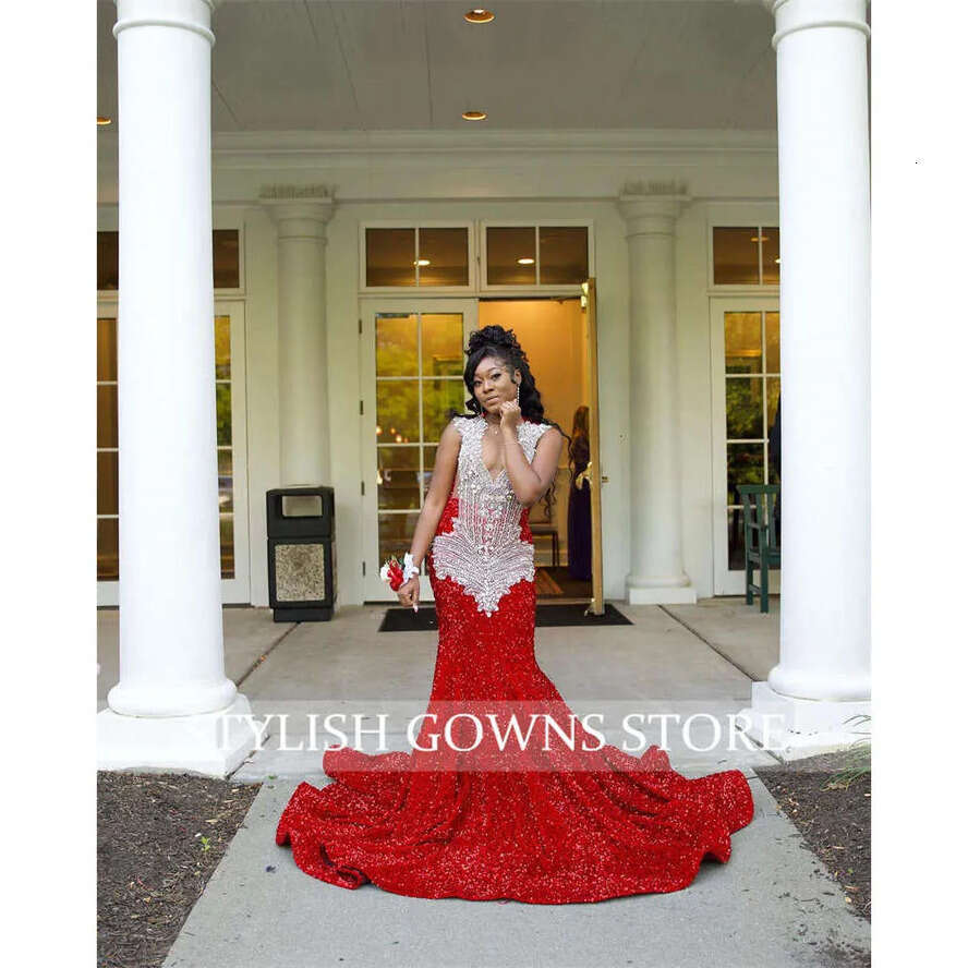 Sheer Neck Red O Long Prom Dress For Black Girls Beaded Crystal Rhie Birthday Party Gowns Sequined Evening Dresses Robe De 0627 es