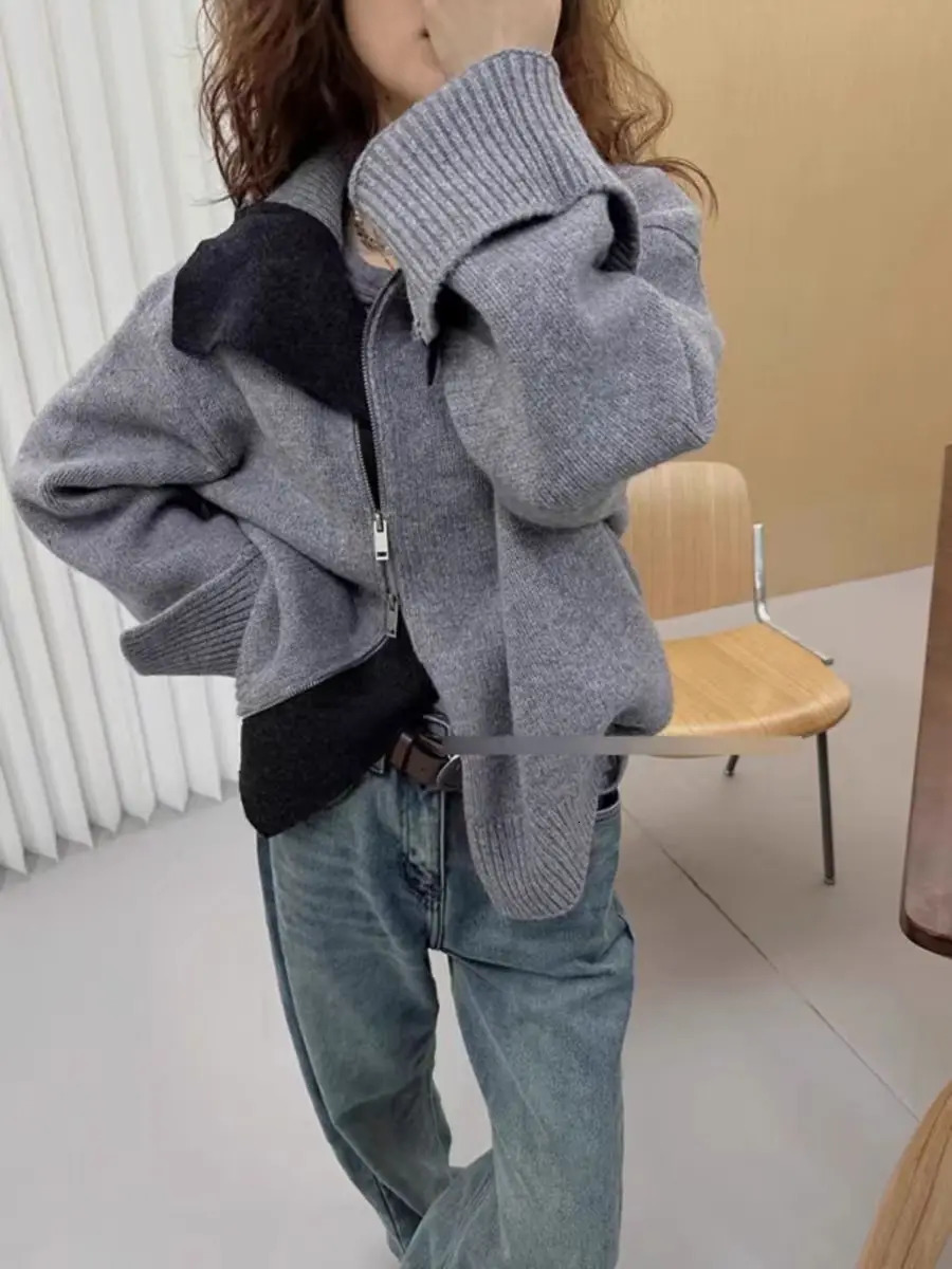 European turtle neck zipper 100% cashmere cardigan womens autumn and winter loose thick wool knitted sweater 241015
