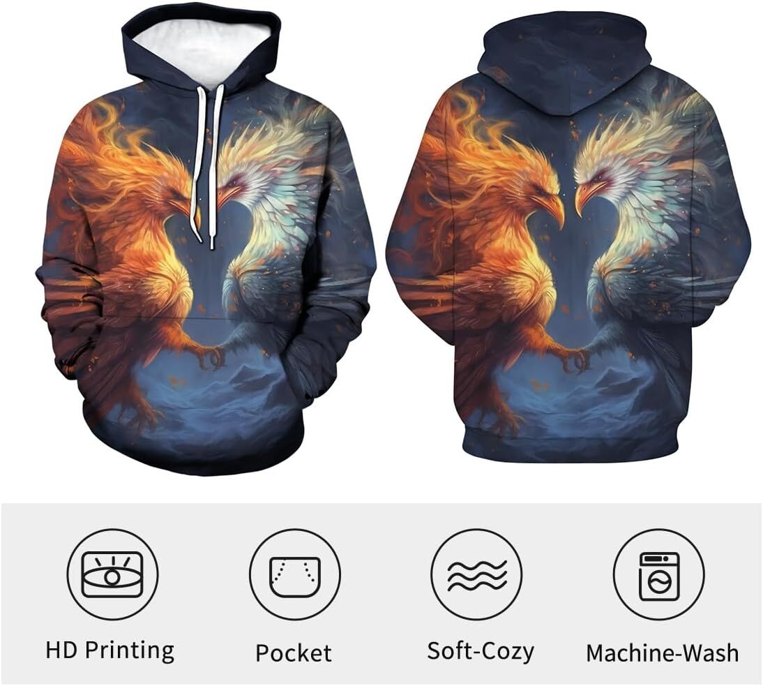 Hoodie for Mens Womens Unisex Phoenix Hoodie For Men 3D Animal Pattern Printed Drawstring Long Sleeve Pullover Hoodie Graphic Hoodies sweatshirt Fashi
