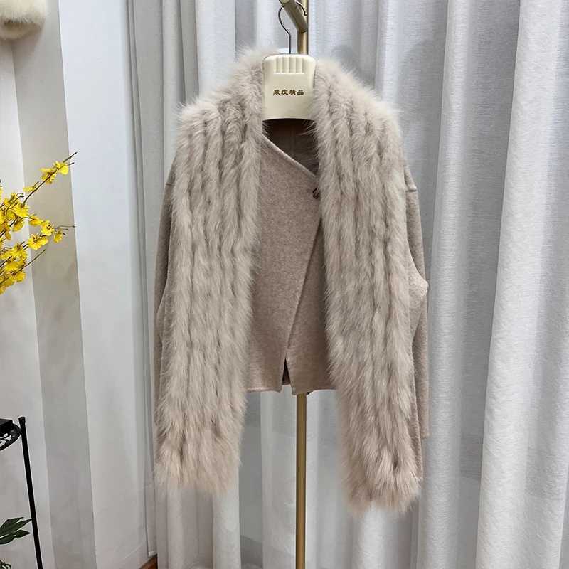 2024 New Winter Women Natural Fox Fur Collar Jacket Cashmere Wool Woolen Coat Real Fur Ladies Outerwear Female CoatX241016