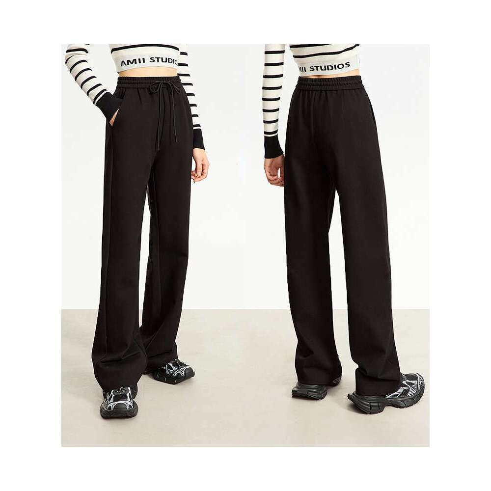 AMII Minimalist Casual Pants For Women 2023 Autumn Wide Leg New Loose Vertical Elastic Waist Drawstring Sporty Trousers 12343338