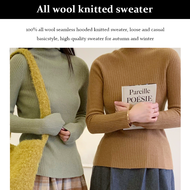 100% All Wool Seamless Knit Pit Stripe Turtleneck Sweater Loose Casual Basic Autumn and Winter High Quality Inner Sweater designer women's clothi