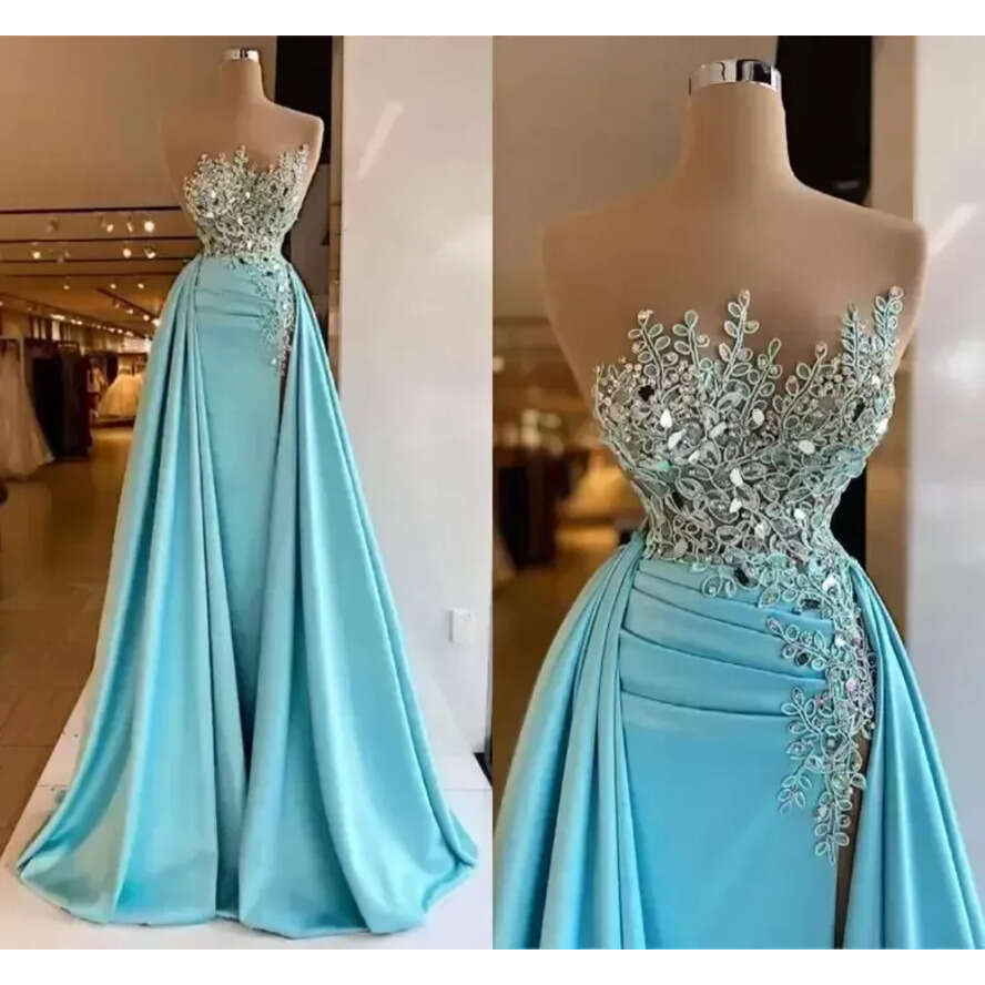 Evening Illusion Drs Sleevels Ruched Side Split Lace Beaded Formal Prom Party Gowns Elegant Vtido De Novia Custom Made Bc13182 0604