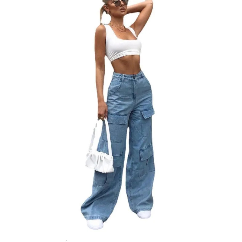Retro Loose Cargo Denim Pants For Women 2024 Pockets Baggy Wide Leg Jeans Fashion Casual Vintage Streetwear Y2k Clothes 241011