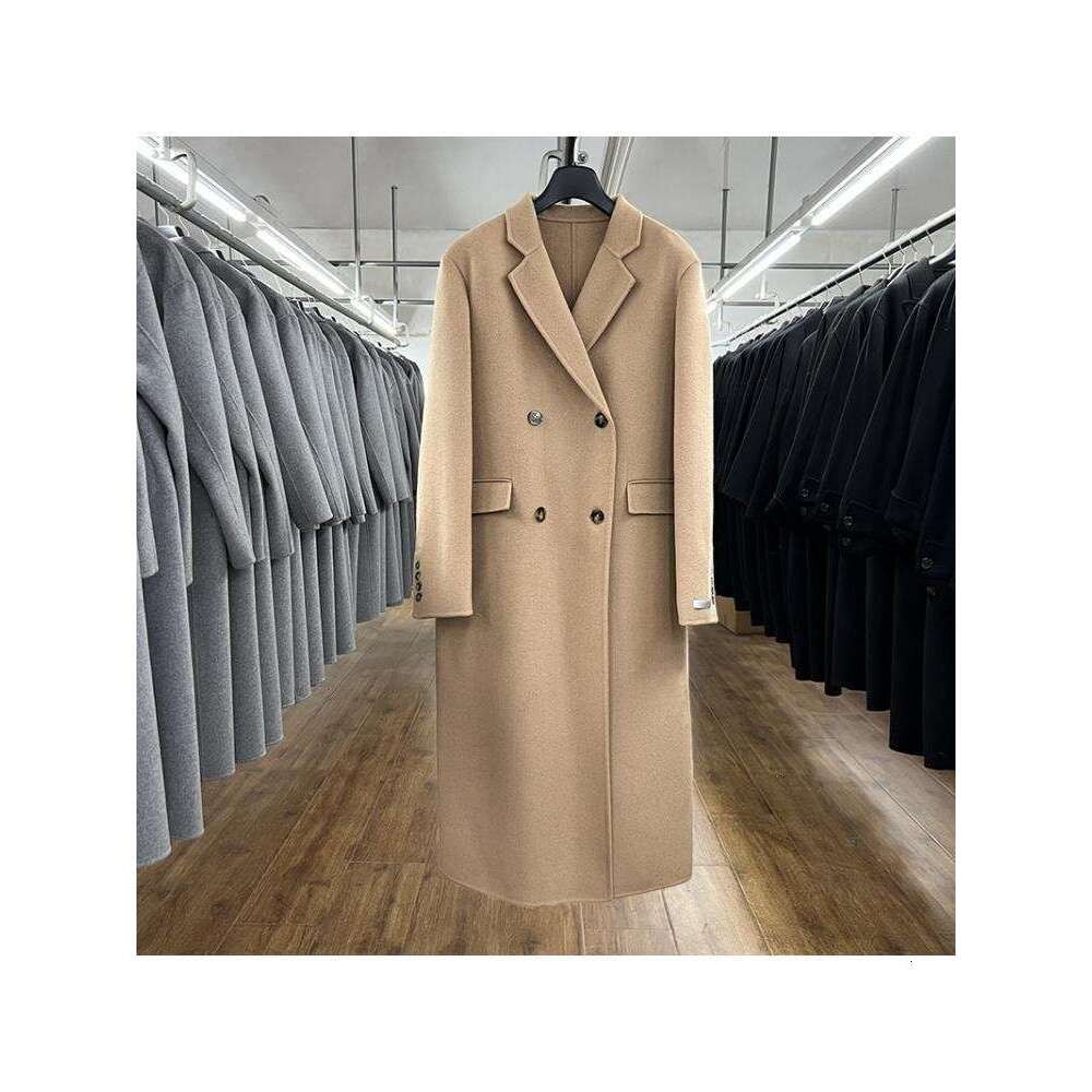 2022 Winter Double Breasted Long Handmade 100% Wool Coat Women Korean Style High End Suit Collar Loose Woolen Jacket Overcoat