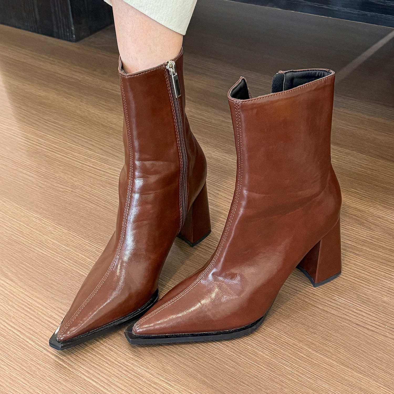 elegant brown pointed martin boots for women comfortable thick heels for everyday wear
