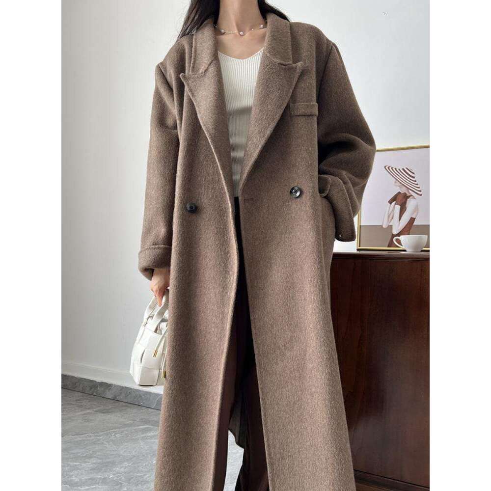 Office Lady Woolen Jackets 2024 Autumn And Winter Suit Collar Double Breasted Loose Long Women's 100% Wool Coats