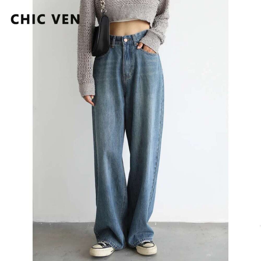 CHIC VEN Women's Denim Pants Blue Wide Leg Jeans Cotton High Waist Casual Loose Trousers Office Ladies Woman Spring Autumn 2023