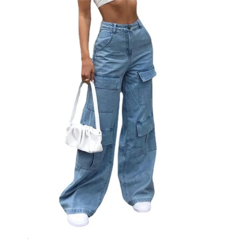 Retro Loose Cargo Denim Pants For Women 2024 Pockets Baggy Wide Leg Jeans Fashion Casual Vintage Streetwear Y2k Clothes 241011