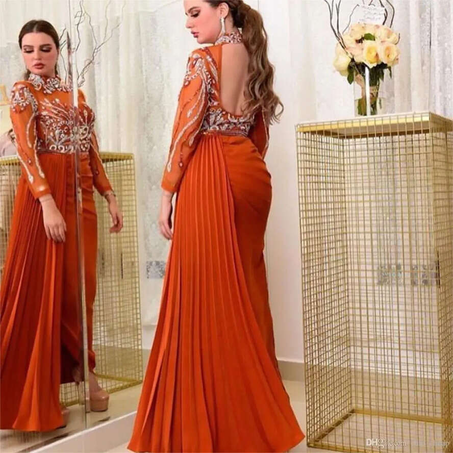 Backless Fashion Beaded Dubai Evening Dresses High Neck Long Sleeves Arabic Prom Gowns Plus Size Ankle Length Sequined Formal Dress 0628