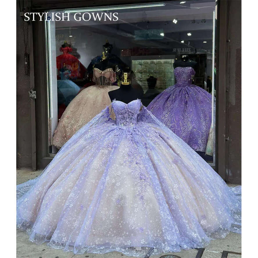 Quinceanera Mexico Purple Sweetheart Dress Beaded Princess Ball Gown For Sweet 16 Applique Birthday Party Prom Dresses With Cape 0627 es