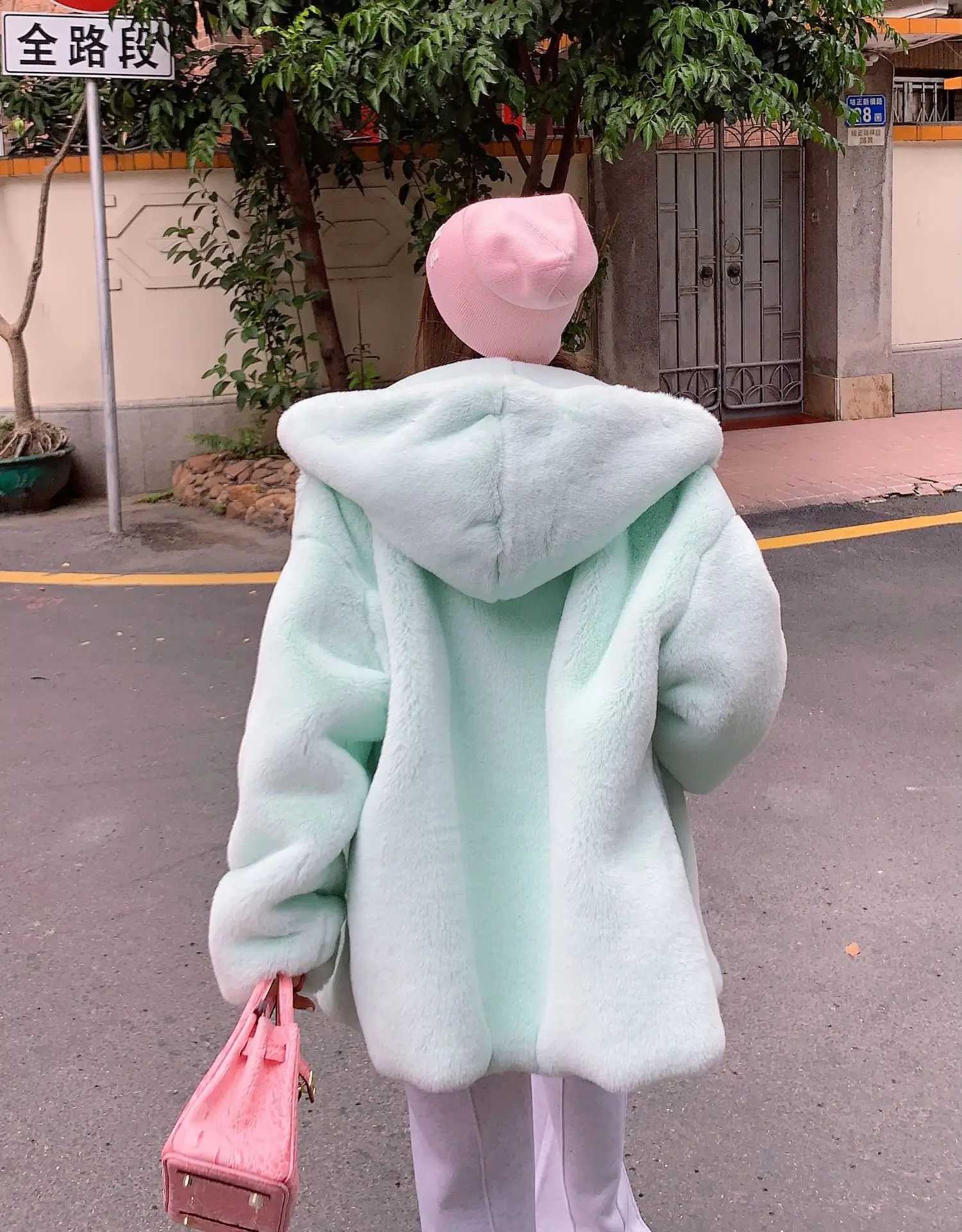 Womens Sweet Pink Fur Coat Womens Winter Thick Warm Street Clothing Korean Hooded Artificial Rabbit Fur Coat Extra Large Coat W241010