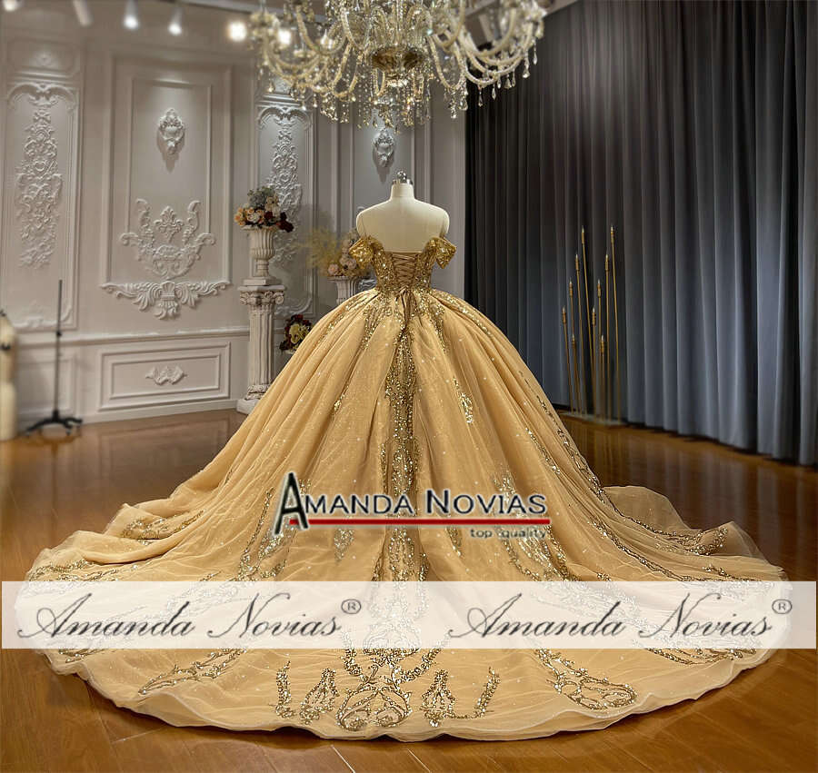 Amanda Novias Golden Off Shoulder Lace Wedding Dress