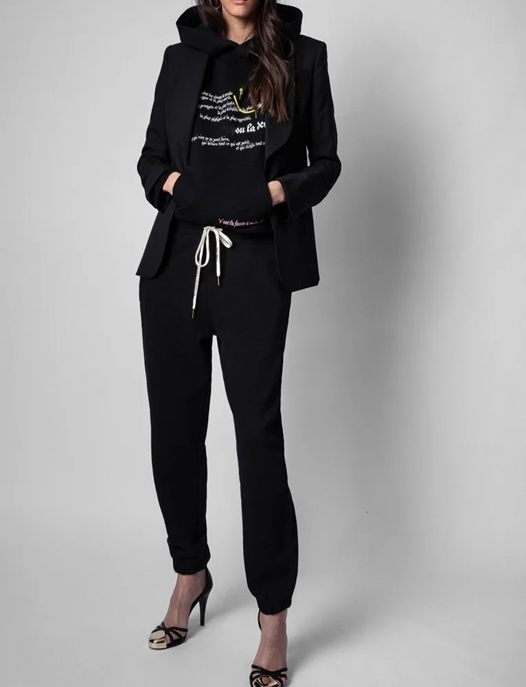 Womens Two Piece Sports Suit Long Sleeve Letter Printed Happy Face Pocket Sweatshirt Drawstring Sweat Pant Tracksuit 241011