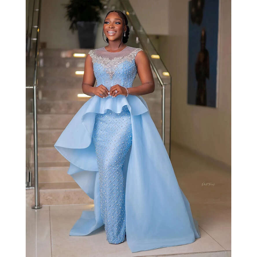 Sheath Blue Gorgeous Baby Prom Crystals Peplum Evening Dress Elegant Rhies Jewel Neck Tulle Black Girl Arabic Formal Dresses For Women 0607 es