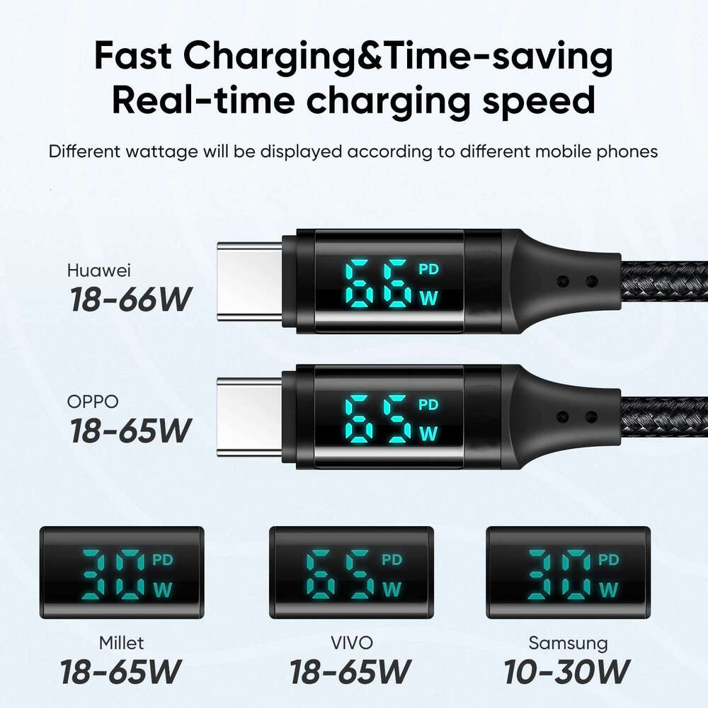 USB Digital Display Fast Charging 100W PD to Type C Cable For Xiaomi HUAWEI book iPad Samsung