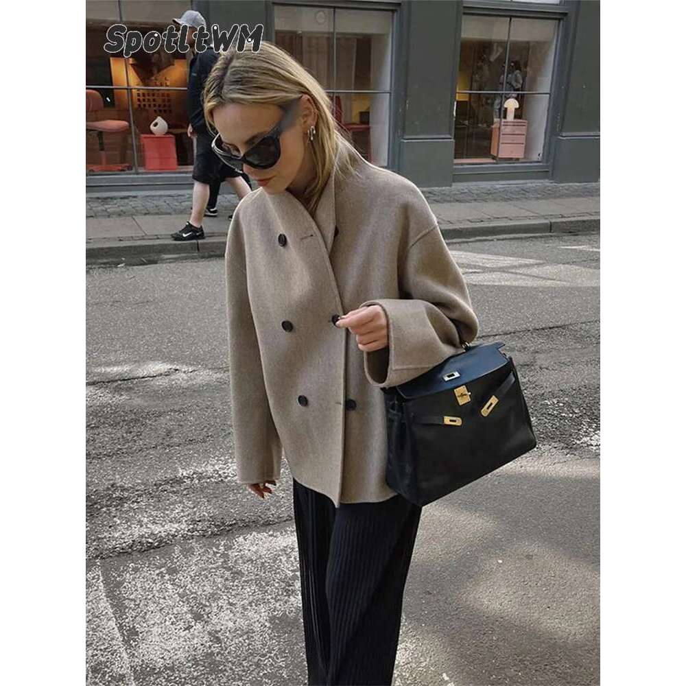 Women's Loose Casual Woolen Coats Retro Double Breasted Stand Collar Short Jacket Office Lady Outerwear Autumn Winter 2024