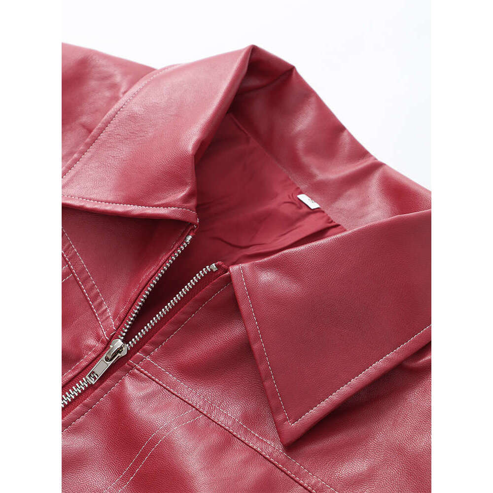 Women Fashion Solid Oversized Contrast Loose Lapel Long Sleeve Zipper Pu Leather Top Autumn Lady Motorcycle Jacket