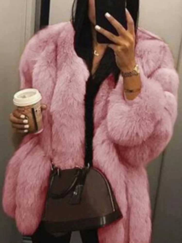 2024 Autumn Winter Female Korean Fashion Long Faux Fur Jacket Women Coats Loose Casual Warm Long Sleeve Outerwears OvercoatX4