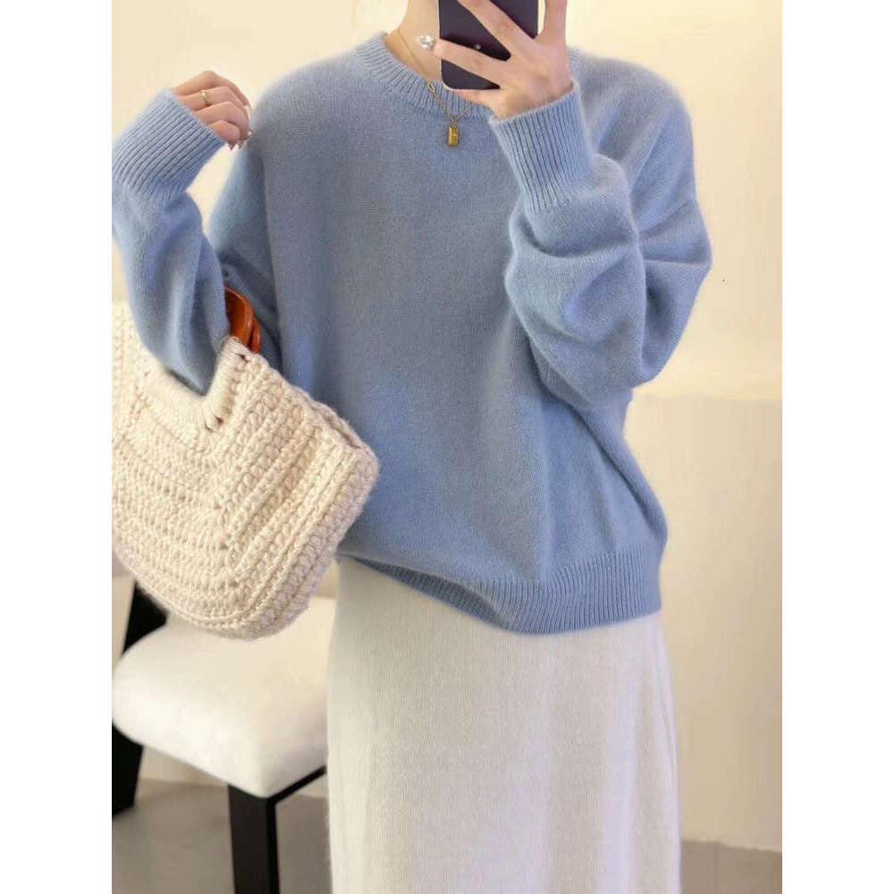 2023 Korean Autumn/Winter Thicken Loose Cashmere Women's Round Neck Pullover 100% Pure Wool Knit Sweater Soft Top Female