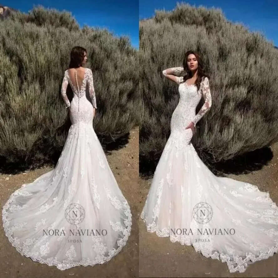 Sleeve Garden Modest Long Boho Wedding Dresses Sexy Mermaid Crew Neck Backless With Covered Buttons Sweep Train Vestidos Bridal Gowns