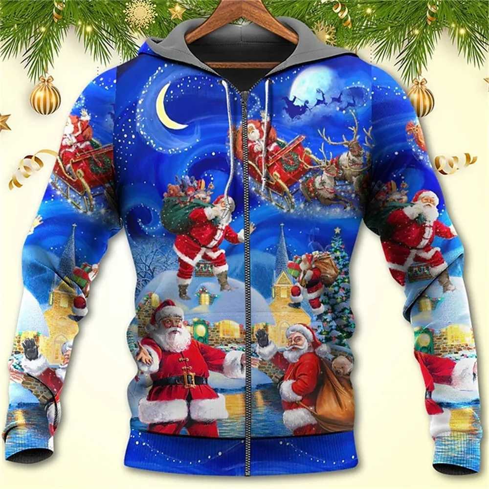 3D Christmas Day Mens Zipper Hoodie Fashion Santa Claus Mens Oversized Top Long Sleeve Sweatshirt Y241016