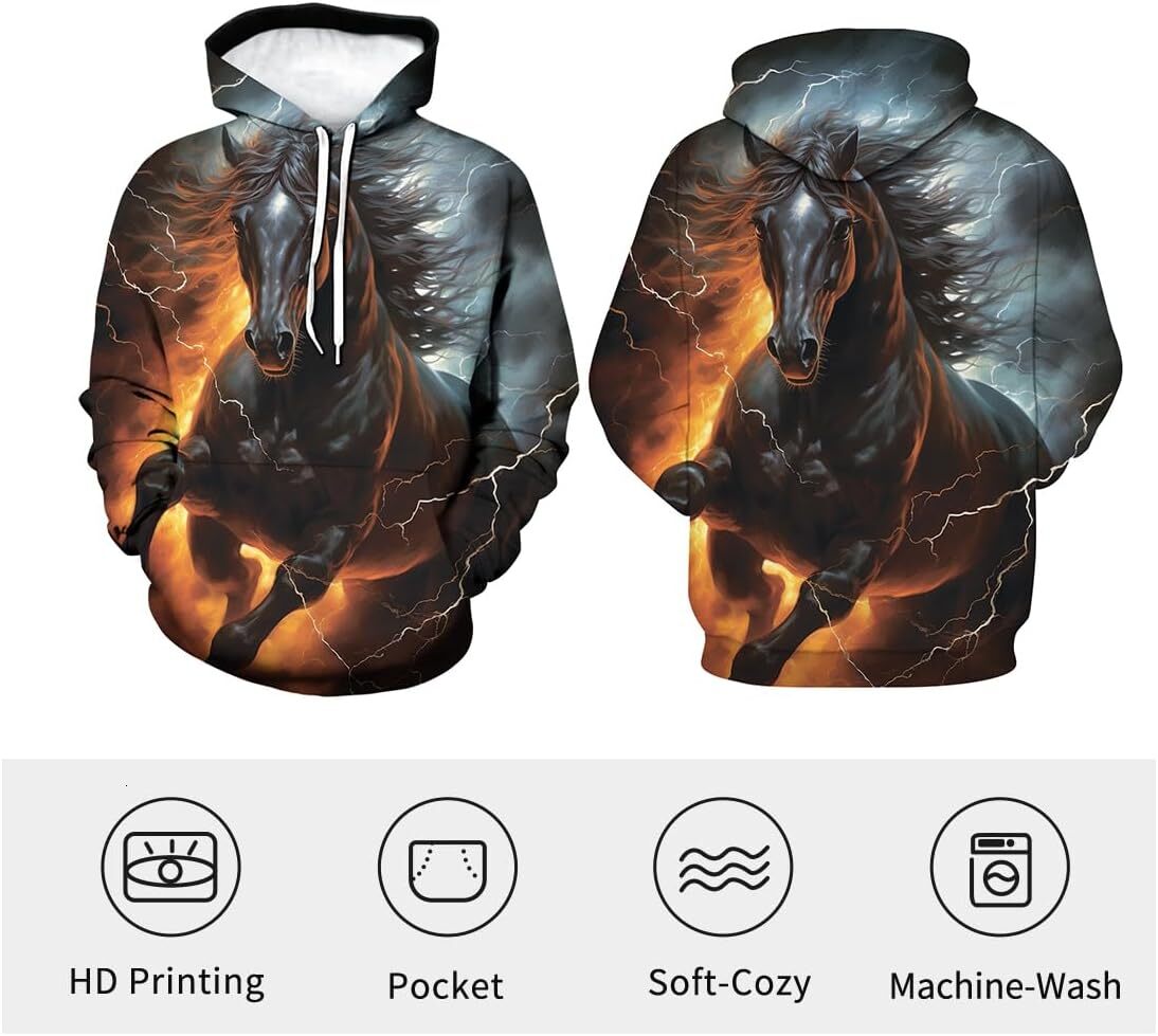 Hoodie for Mens Womens Unisex Funny Flame Horse Hoodies Novelty Animal Pattern Long Sleeve Pullover Hoodie Pocket Graphi Pullover Long Sleeve