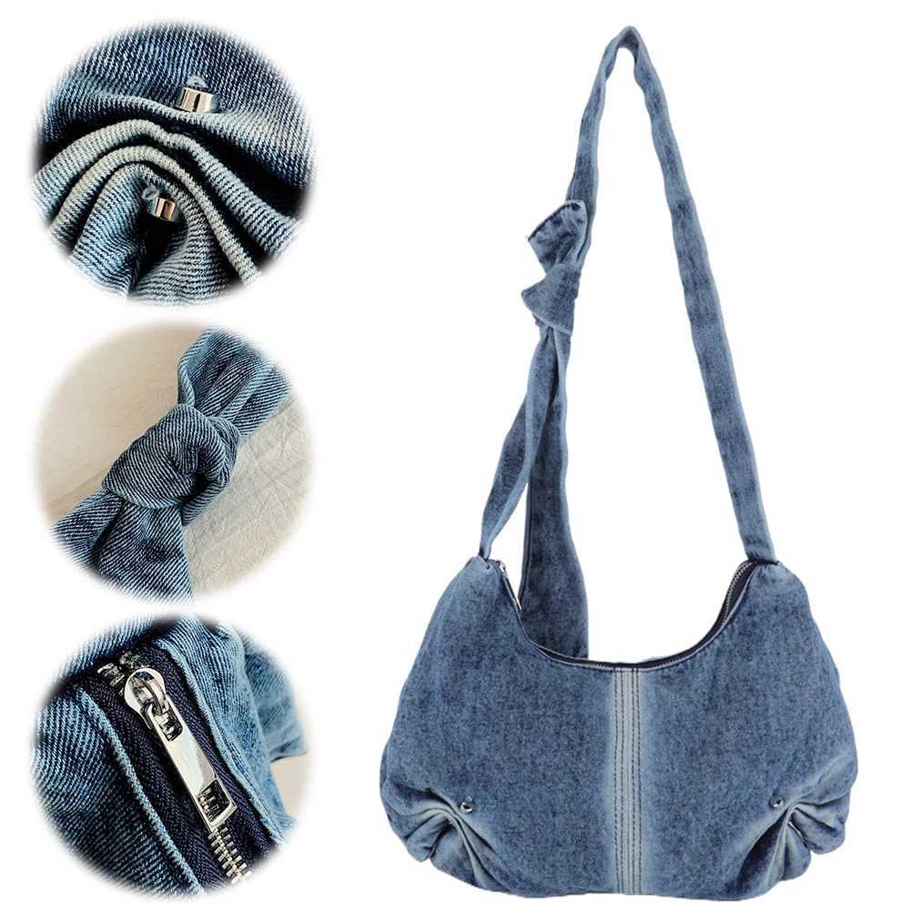 Denim Pleated Shoulder Bag Ladies Large Capacity Crescent Knotted Strap Handbag Zipper Hobo for Commuting Travel 241016