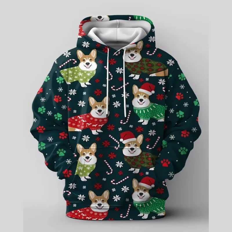 2025 Mens Christmas Dog Hoodie 3D Printed Long Sleeve Sewatshirts Mens Casual Hoodie Flip Large Mens Wear Y241016