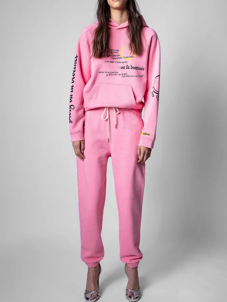 Womens Two Piece Sports Suit Long Sleeve Letter Printed Happy Face Pocket Sweatshirt Drawstring Sweat Pant Tracksuit 241011