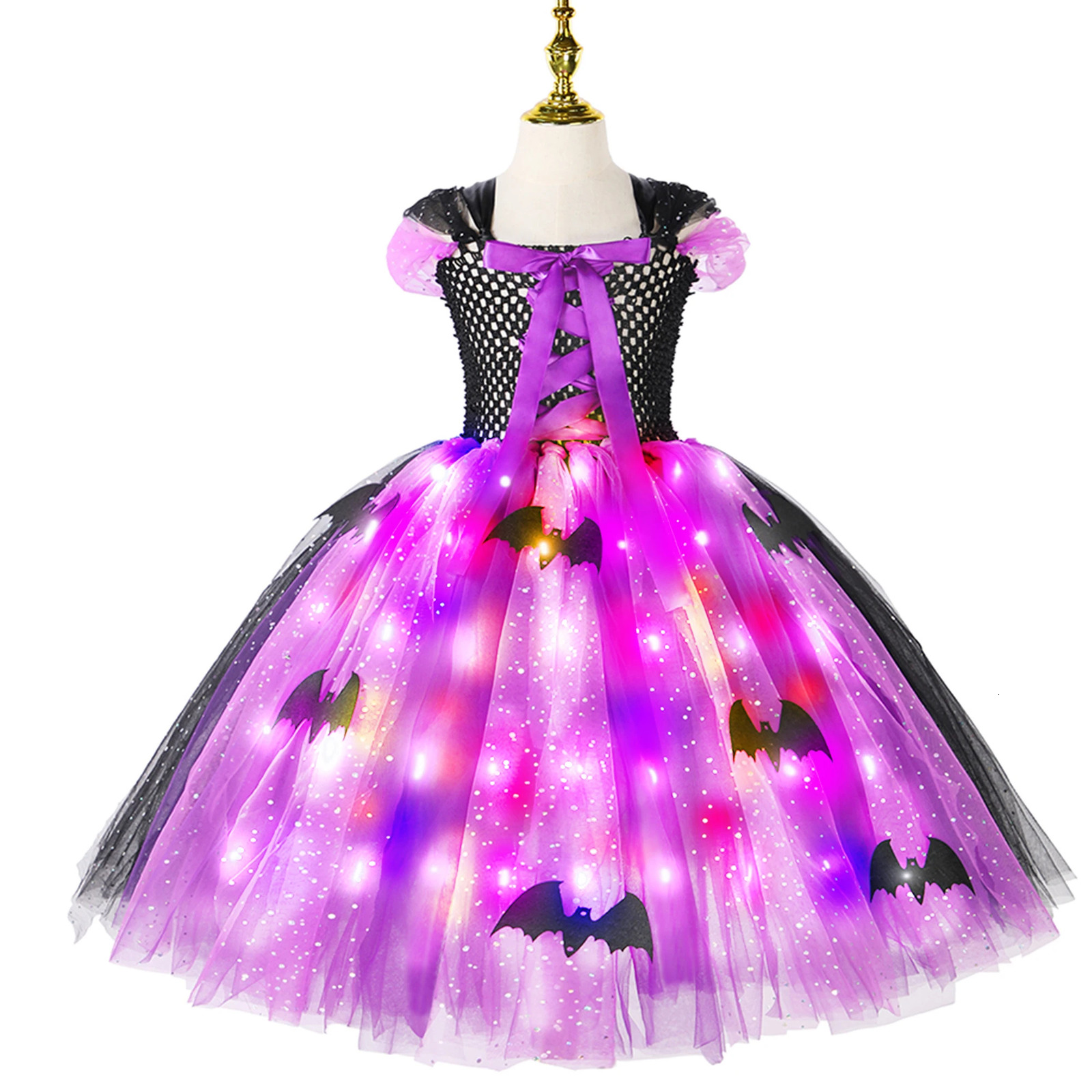 Halloween Girls LED Light Up Witch Costume Bat Tutu Dress Cosplay Carnival Disguise Party Toddler Kids Handmade Ball Gowns 241015