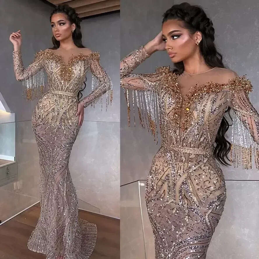 Jewel Mermaid Evening Sheer Neck Beaded Sequins Tassel Prom Drs Long Sleev Illusion Sweep Train Formal Party Gowns 0604