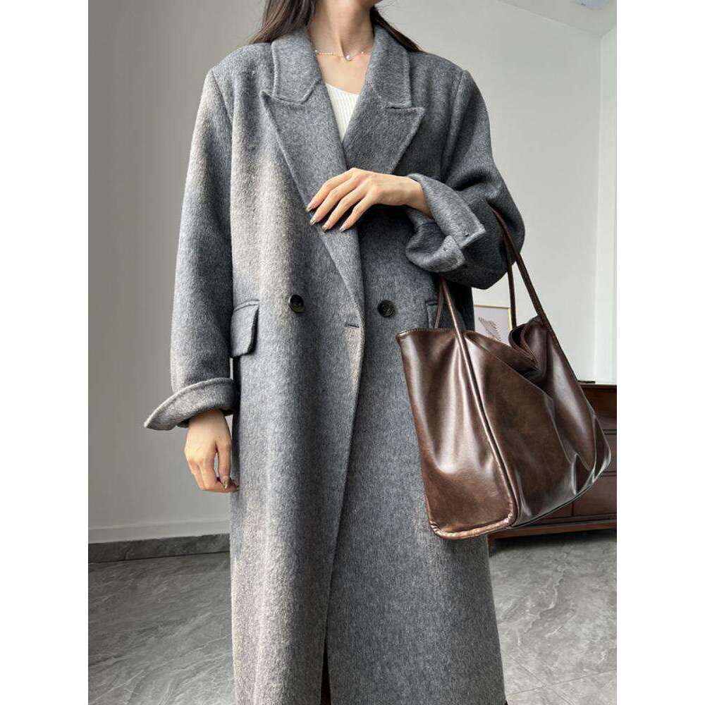 Office Lady Woolen Jackets 2024 Autumn And Winter Suit Collar Double Breasted Loose Long Women's 100% Wool Coats