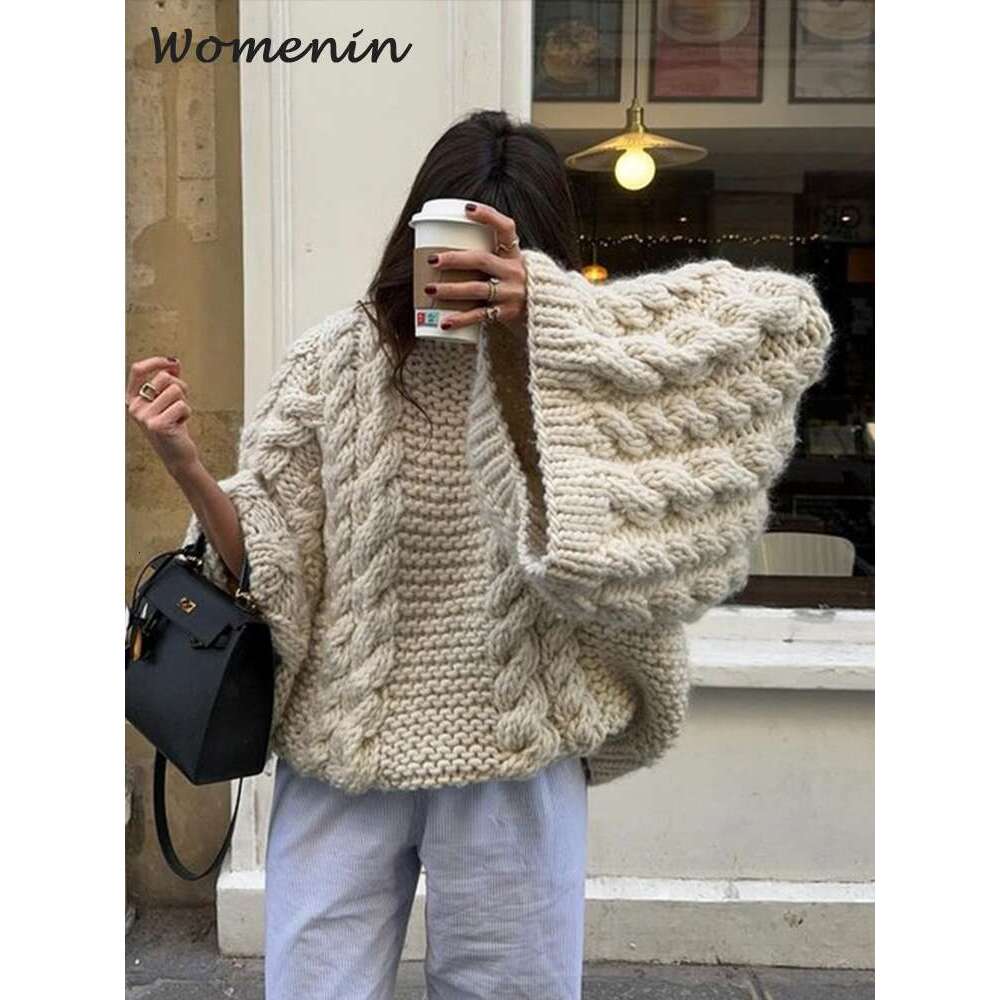 Loose Knitted Twisted Sweater Women Oversize O-Neck Batwing Sleeve Female Pullovers 2024 Autumn Winter Lady Solid Street Jumper