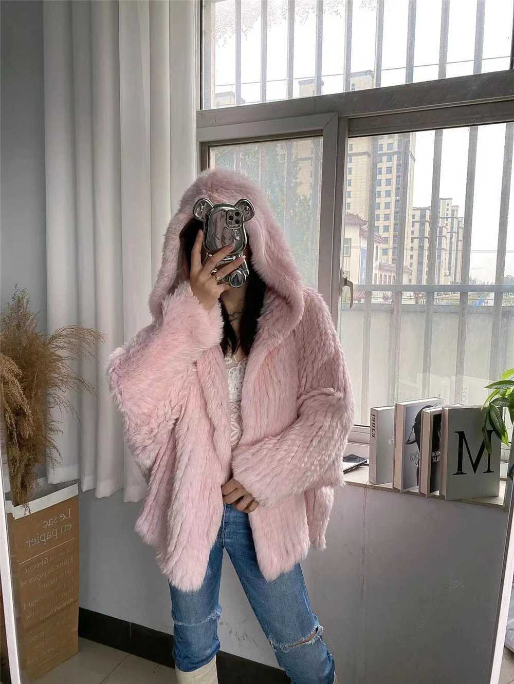 Real rabbit fur coat womens long knitted jacket real fur fashion coat 70cm long autumn and winter W241010