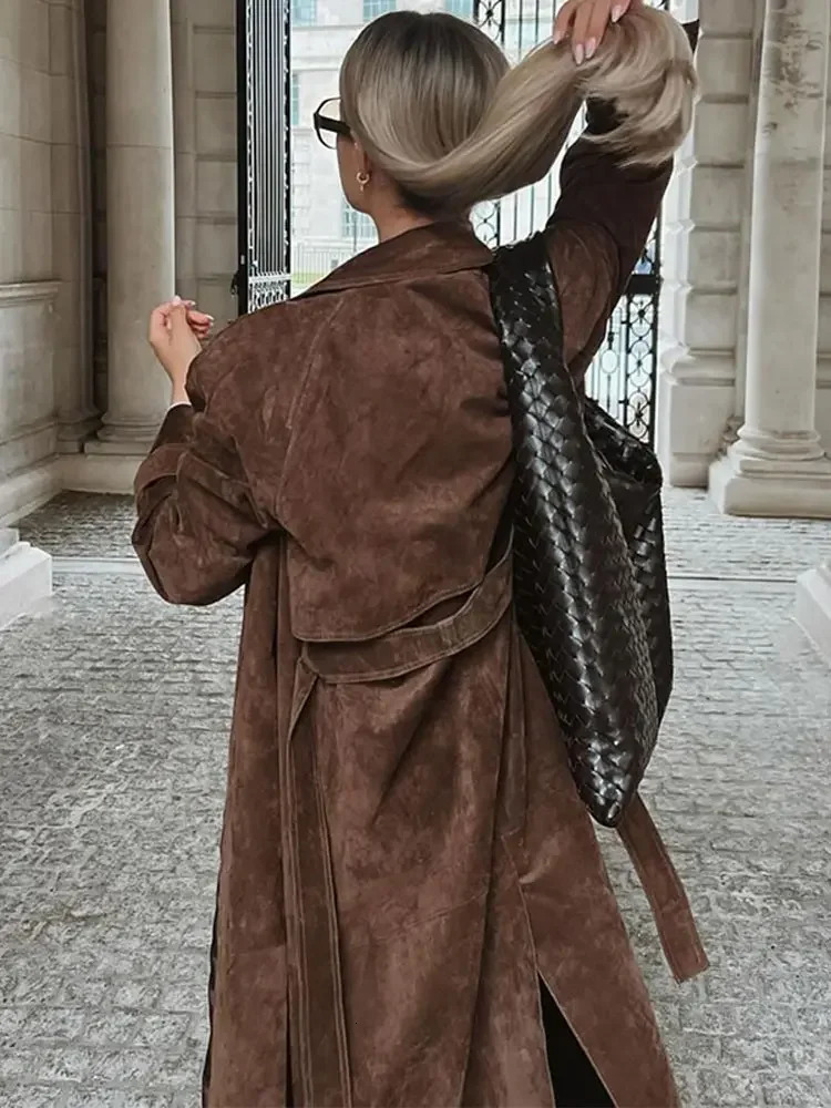 2024 Autumn Winter Elegant Suede Leather Belt Long Trench Brown Coat Fashion Warm Double Button Jacket High Quality Streetwear 241016