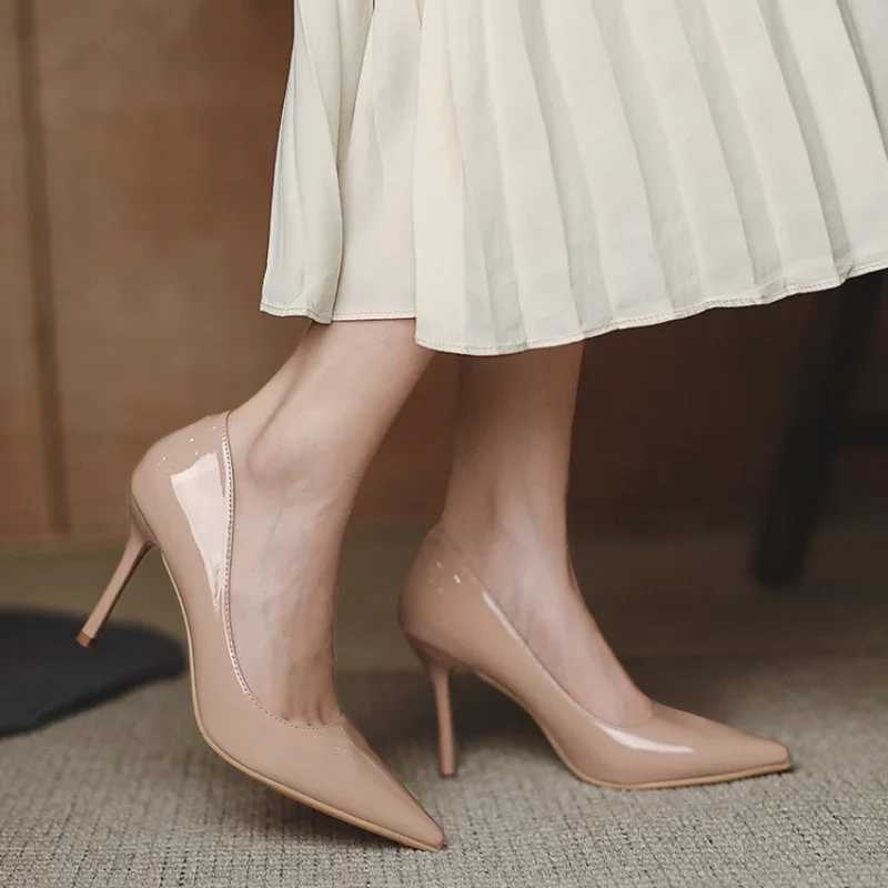 Autumn New Nude Lacquer Leather High Heels with Thin Heels Versatile Pointed Shallow Mouth Single ShoesC250319