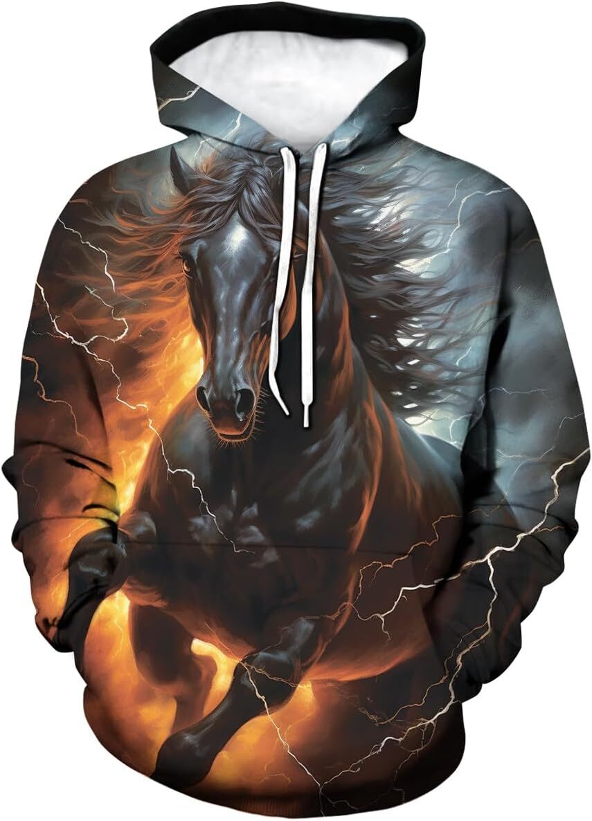 Hoodie for Mens Womens Unisex Funny Flame Horse Hoodies Novelty Animal Pattern Long Sleeve Pullover Hoodie Pocket Graphi Pullover Long Sleeve
