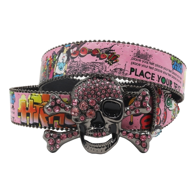 Big Skull Punk Black Rhinestone Belt Ladies Belt Diamond Soldier Belt Western Cowboy Y2K Fashion Belt Hip Hop Graffiti 241016