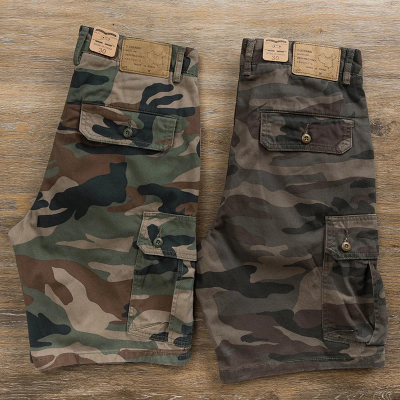 130kg wear Camouflage workwear shorts summer mens heavyweight washed cotton capris retro khaki style tough casual half pants 241015