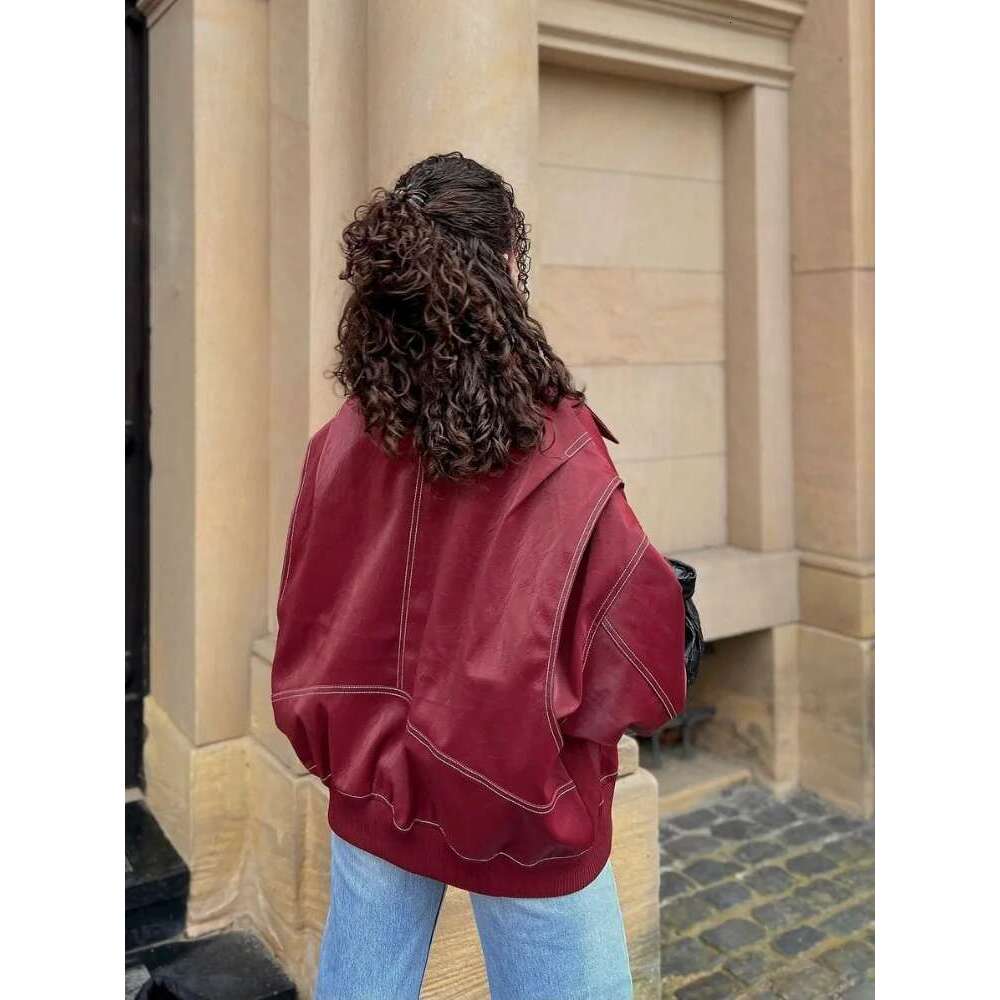 Women Fashion Solid Oversized Contrast Loose Lapel Long Sleeve Zipper Pu Leather Top Autumn Lady Motorcycle Jacket