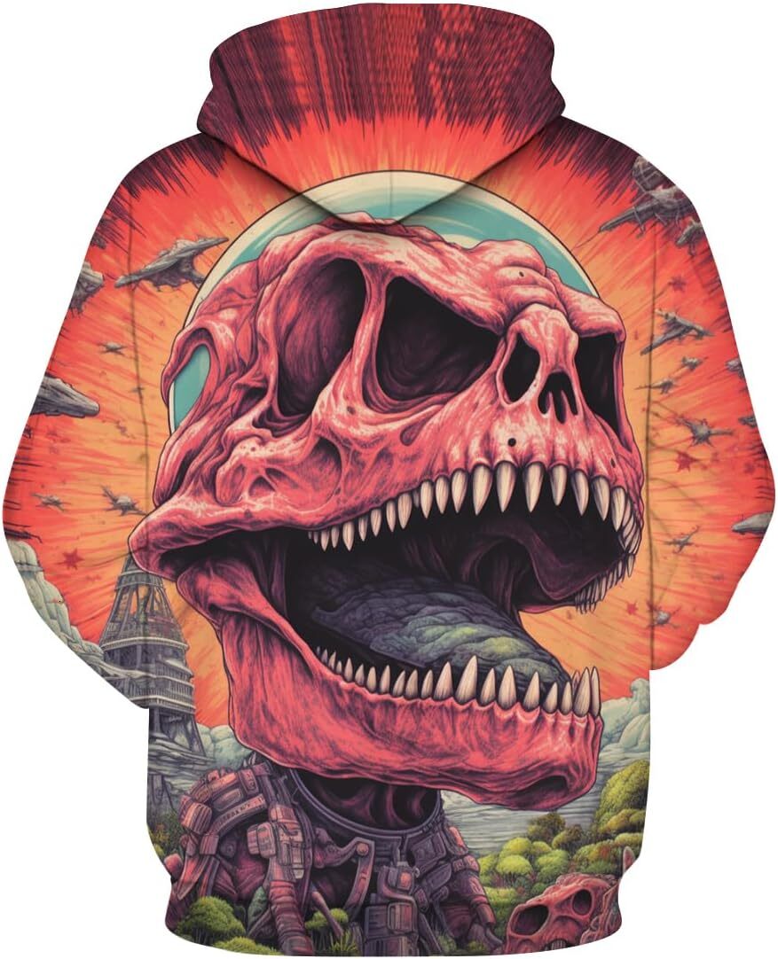 Hoodie for Mens Womens Unisex Psychedelic Dinosaur Hoodie 3D Printed Novelty Skull Pattern Long Sleeved Drawstring Pullover Hoodies Pocket Graphic Fas
