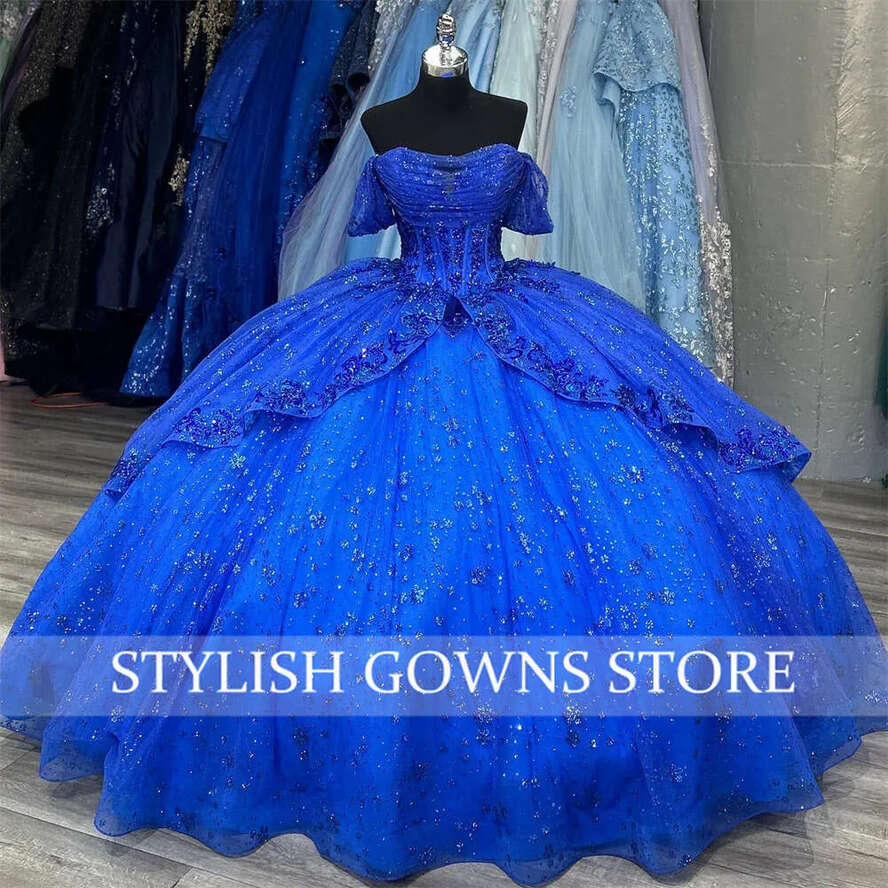 Blue Mexico Off Royal The Shoulder Gown Quinceanera Dress For Girls Ball Sequined Birthday Party Gowns Tiered Robe De Bal 0627 s