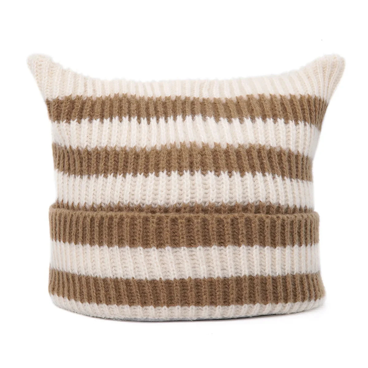 Japanese Y2K Cute Black White Striped Cat Ears Wool Hat Women Autumn Winter Warm Little Devil Hanging Ball Knitted Beanie Hat 241016