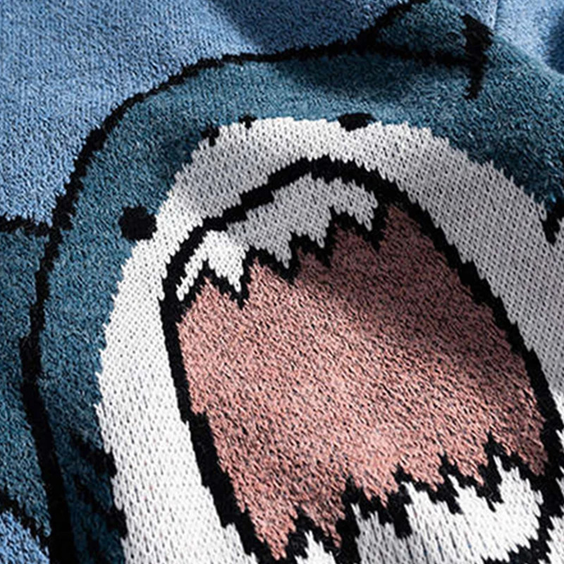 Shark Sweater Men Winter Cartoon Harajuku Korean Y2k Oversized Turtleneck Hip Hop Loose Knit Jumper Pullover High Collar 241016