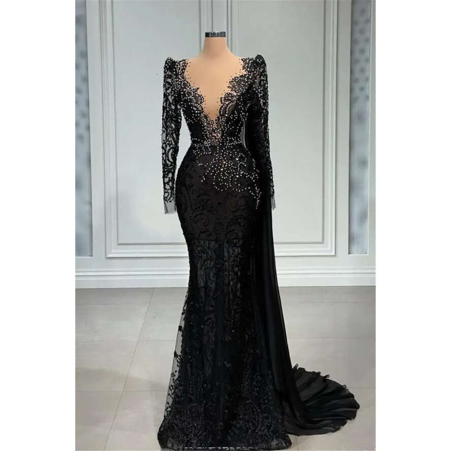 Mermaid Vintage Black Lace Evening Dresses With White Beads Sheer Deep V Neck Long Sleeve Appliques Ocn Party Gowns Prom Vestidos Bc14999 0618 estidos